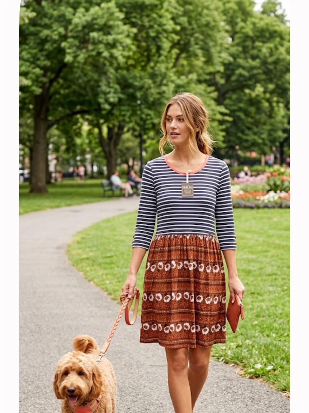 Matilda Jane Navy Striped dress with Coral Trim and Rust Floral Skirt